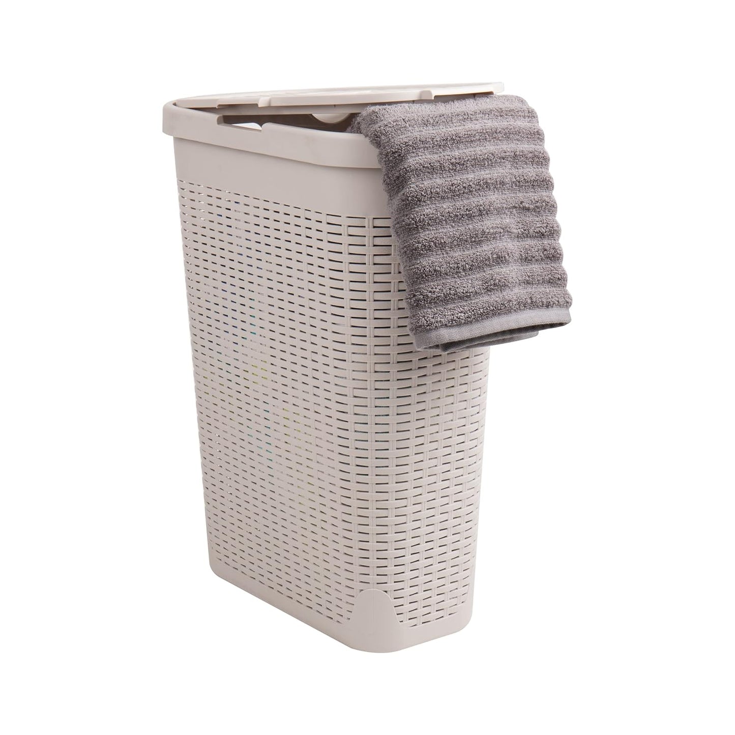 Mind Reader Slim Laundry Hamper with Lid, 40L Clothes Basket, Narrow Tapered Design with Ventilated Cutout Pattern, Plastic, Ivory