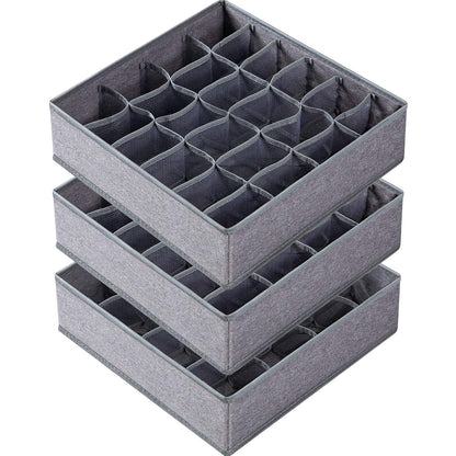 3 Pack Sock Underwear Drawer Organizer Dividers, 64 Cell Fabric Foldable Dresser Organizer for Closet Organizers and Storage Boxes for Organizing Socks, Underwear, Ties (16+24+24 Cell, Gray)