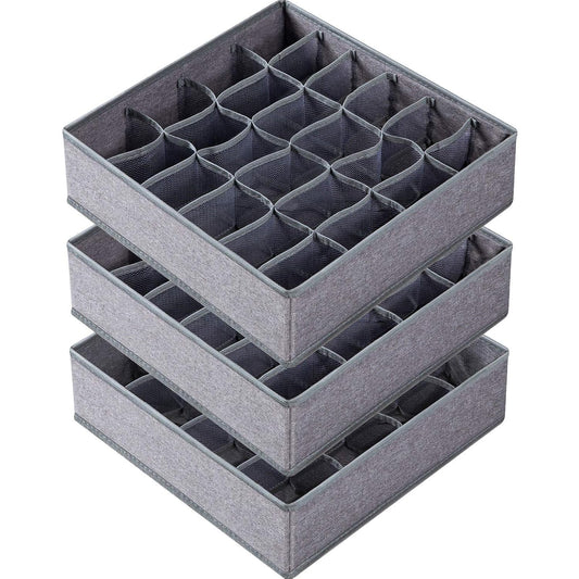3 Pack Sock Underwear Drawer Organizer Dividers, 64 Cell Fabric Foldable Dresser Organizer for Closet Organizers and Storage Boxes for Organizing Socks, Underwear, Ties (16+24+24 Cell, Gray)