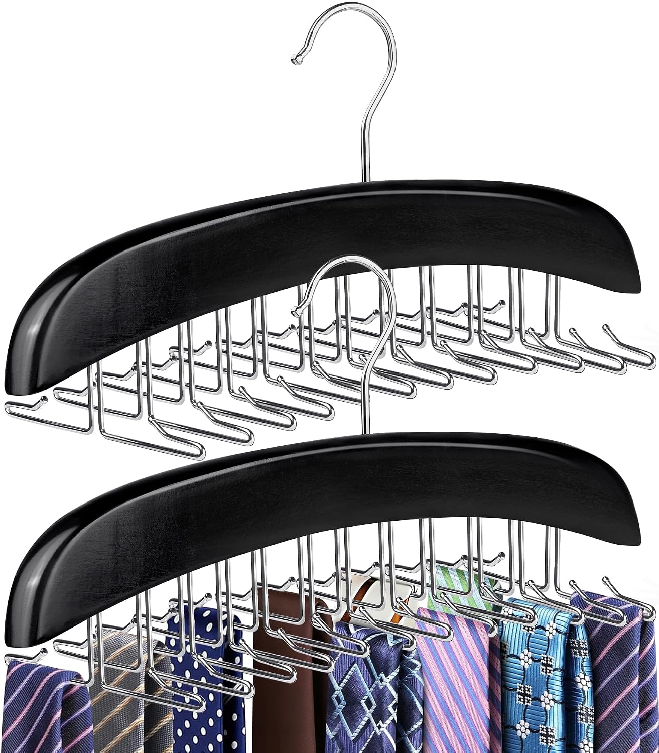 2 Pack Tie Rack Hanger, 24 Hooks Each, Space Saving Wooden Tie Organizer for Men, Holds Up to 24 Ties Belts Scarves, 360° Rotating Anti-Slip Rustproof Foldable Steel Hooks, No Wrinkles