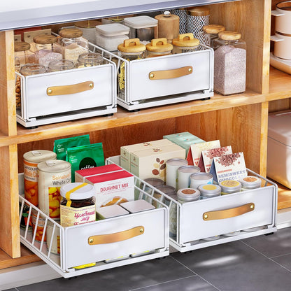 Pull out Cabinet Organizer,Heavy Duty Slide out Pantry Shelves Drawer Storage with Adhesive Nano Film,Sliding Mesh Cabinet Basket with Handle for Kitchen, Bathroom, Home, 11.8W" X 15.7"D X 6.2"H,White