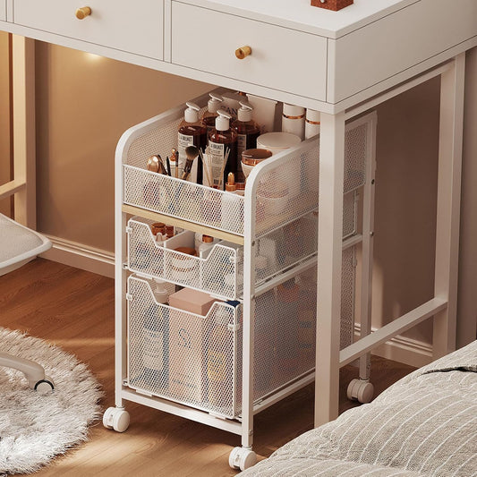 Rolling Makeup Cart Organizer with 2 Drawers, Unde... (White | Metal, Wood)