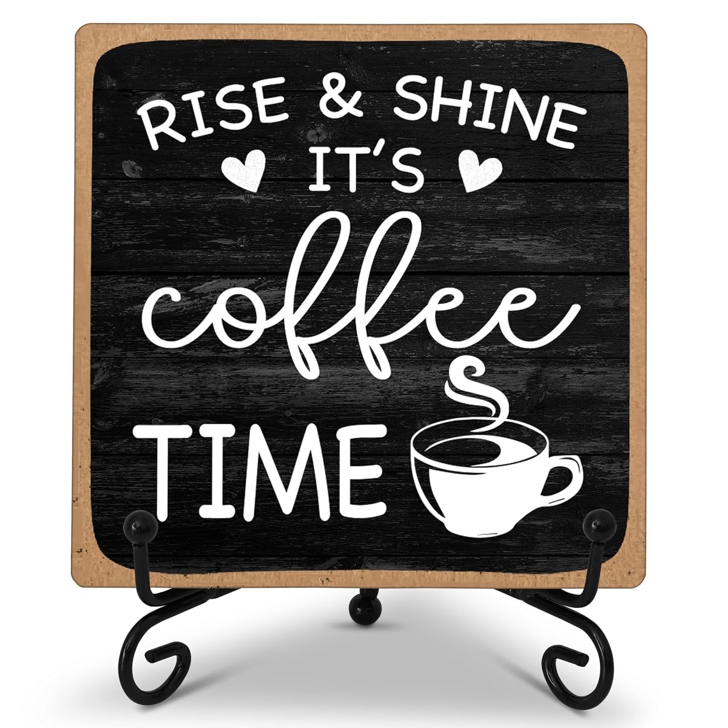 Farmhouse Coffee Bar Sign, Rise & Shine It's Coffee Time | 5"x5" Wood Plaque with Stand Gift for Home Kitchen Tabletop Decor | B09