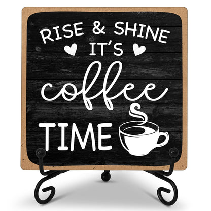 Farmhouse Coffee Bar Sign, Rise & Shine It's Coffee Time | 5"x5" Wood Plaque with Stand Gift for Home Kitchen Tabletop Decor | B09
