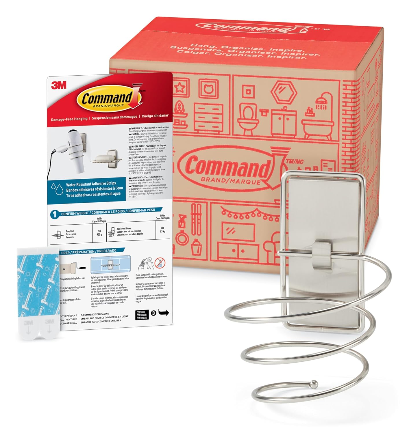 Command Hair Dryer Holder, Satin Nickel, 1 Dryer Holder, 2 Water Resistant Strips, Damage-Free Bathroom Organization and Decor | Water Resistant, Damage-Free Hanging with Adhesive Strip, No Tools