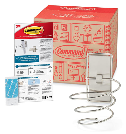 Command Hair Dryer Holder, Satin Nickel, 1 Dryer Holder, 2 Water Resistant Strips, Damage-Free Bathroom Organization and Decor | Water Resistant, Damage-Free Hanging with Adhesive Strip, No Tools