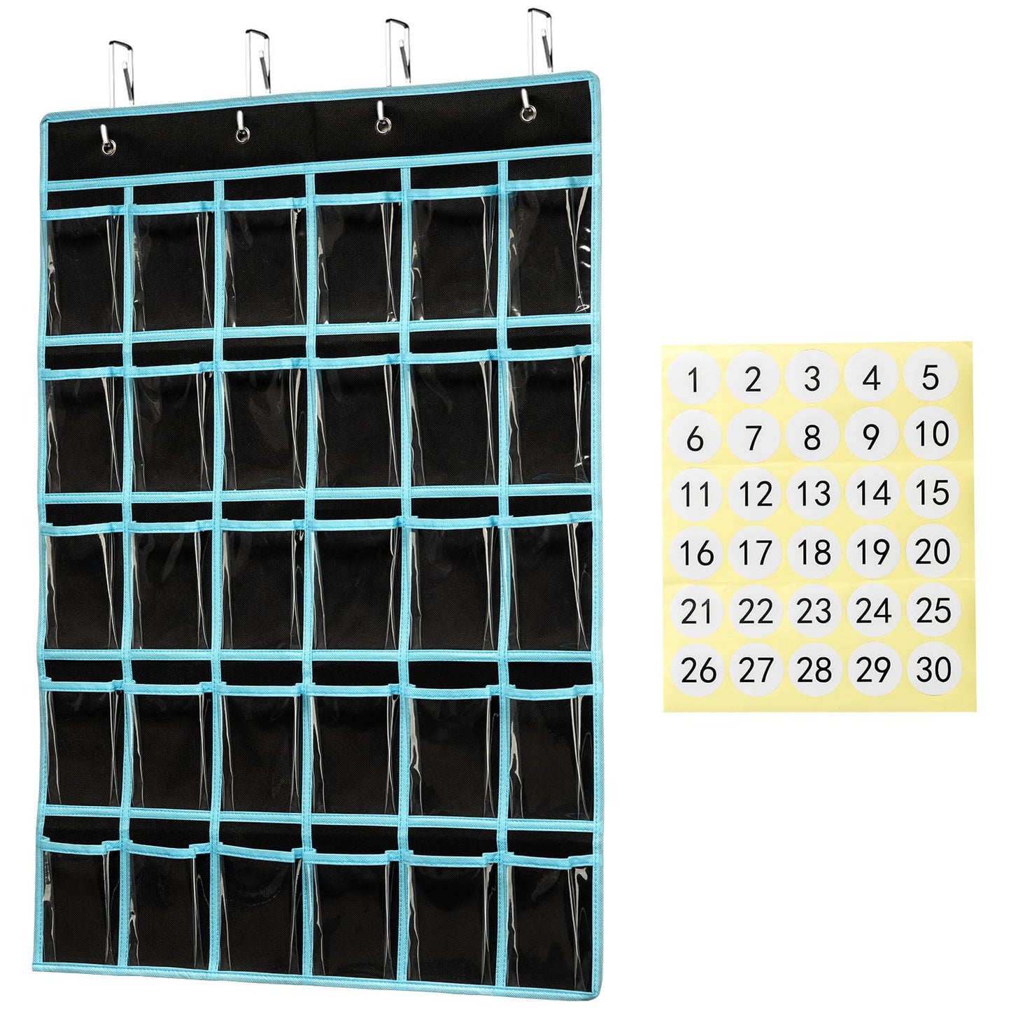 KEEPJOY Classroom Pocket Chart Organizer,Cell Phones Calculator Holder for Classroom Storage, Hanging Wall Door Calculator Phone Caddy for Classroom. (30 Pockets-Black)