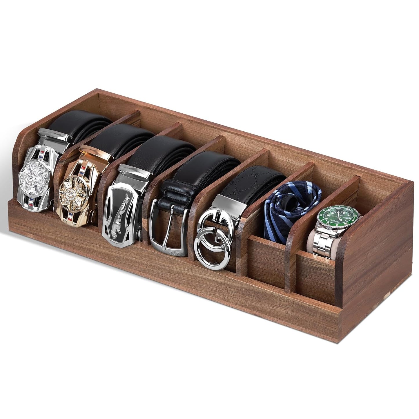 Belt organizer, 7 compartment belt holder belt hanger closet and belt organizer for drawer,belt rack, belt storage organizer, belt hangers for men and women (Acacia wood)