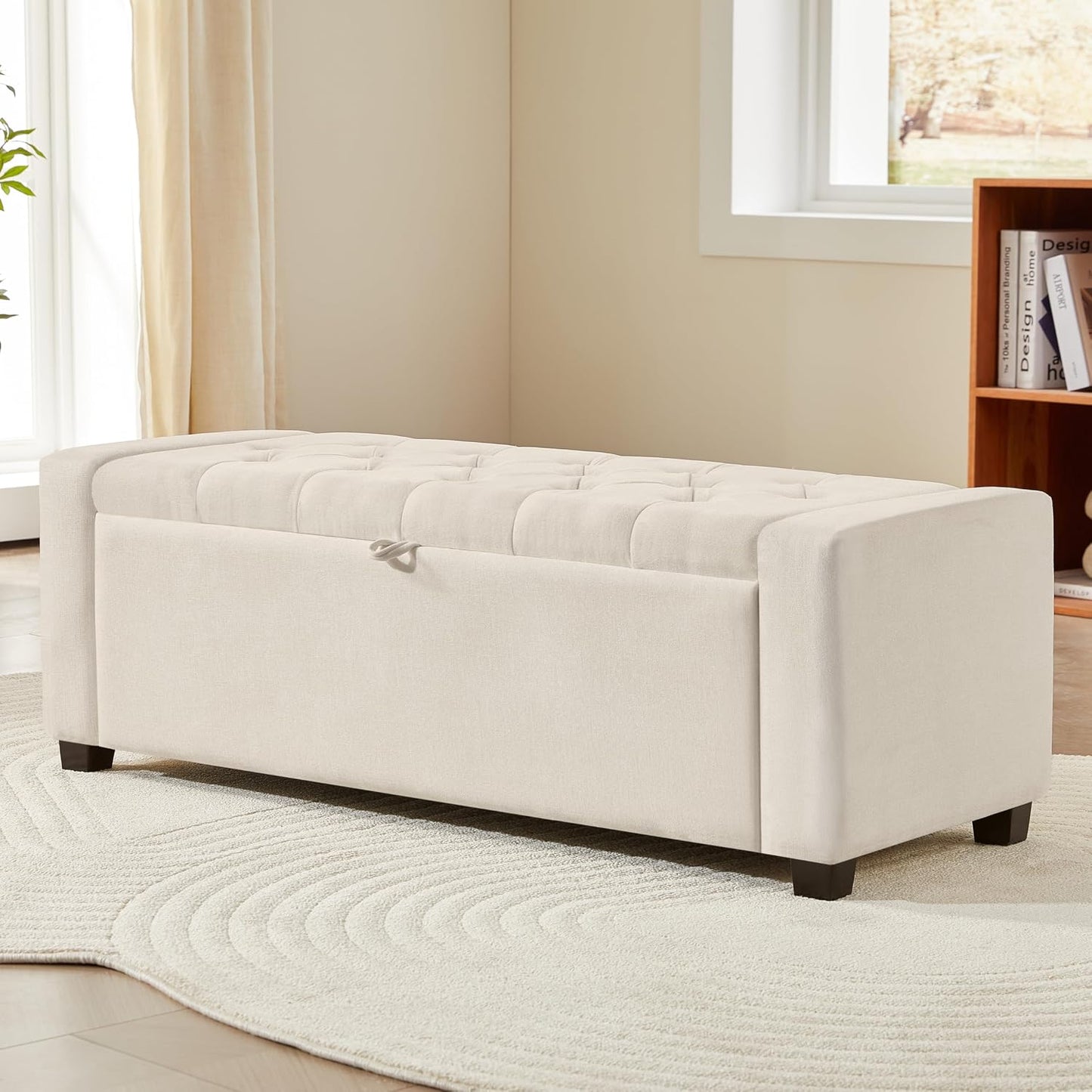 Ottoman with Storage,Tufted Storage Bench with Safety Hinge,Holds up to 350 lb,Upholstered Bench with Seating for Bedroom, Living Room,Entryway,Linen Beige
