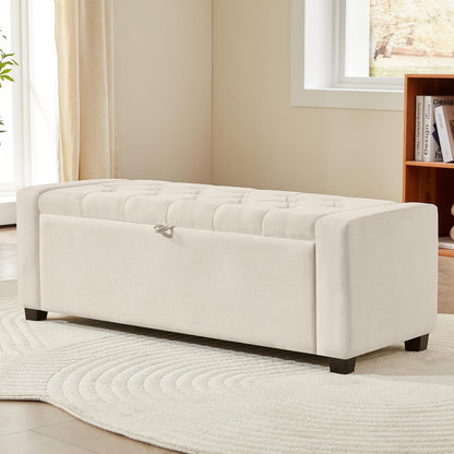 Ottoman with Storage,Tufted Storage Bench with Safety Hinge,Holds up to 350 lb,Upholstered Bench with Seating for Bedroom, Living Room,Entryway,Linen Beige