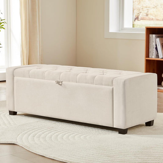 Ottoman with Storage,Tufted Storage Bench with Safety Hinge,Holds up to 350 lb,Upholstered Bench with Seating for Bedroom, Living Room,Entryway,Linen Beige