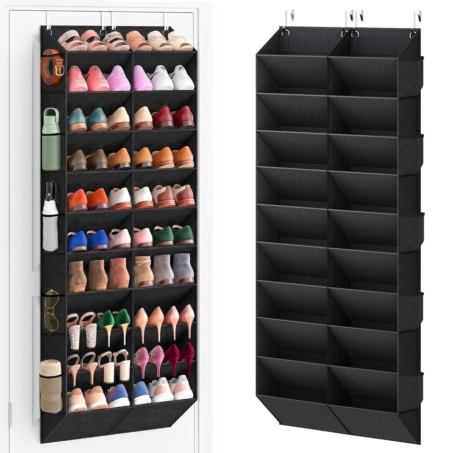 20-30 Pairs Over the Door Shoe Organizer with Side Mesh Pockets, 10-Tier Hanging Shoe Storage for Closet, Breathable Door Shoe Rack Holds Sneakers, Boots, Heels & Daily Essentials, Black