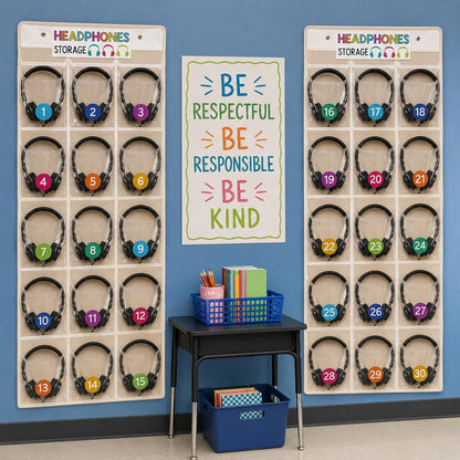 2 Pack Classroom Headphone Storage Organizer 30 Pockets PVC Clear Classroom Pocket Chart over The Door Hanging Headphone Holder Storage with Digital Stickers for Library Door Hanger(White)