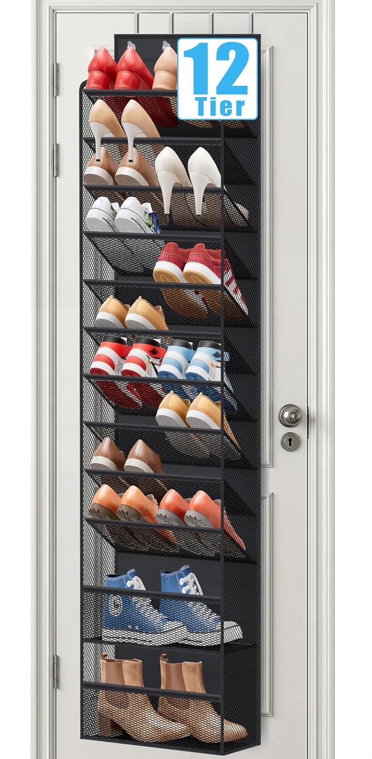 12 Tier Over the Door Shoe Organizer for Closet, Holds 24 Pairs Hanging Shoe Rack for Door with Mesh Pockets, Narrow Shoe Holder Hanger for Sneakers, Boots (Black)
