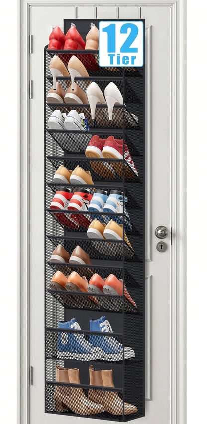 12 Tier Over the Door Shoe Organizer for Closet, Holds 24 Pairs Hanging Shoe Rack for Door with Mesh Pockets, Narrow Shoe Holder Hanger for Sneakers, Boots (Black)