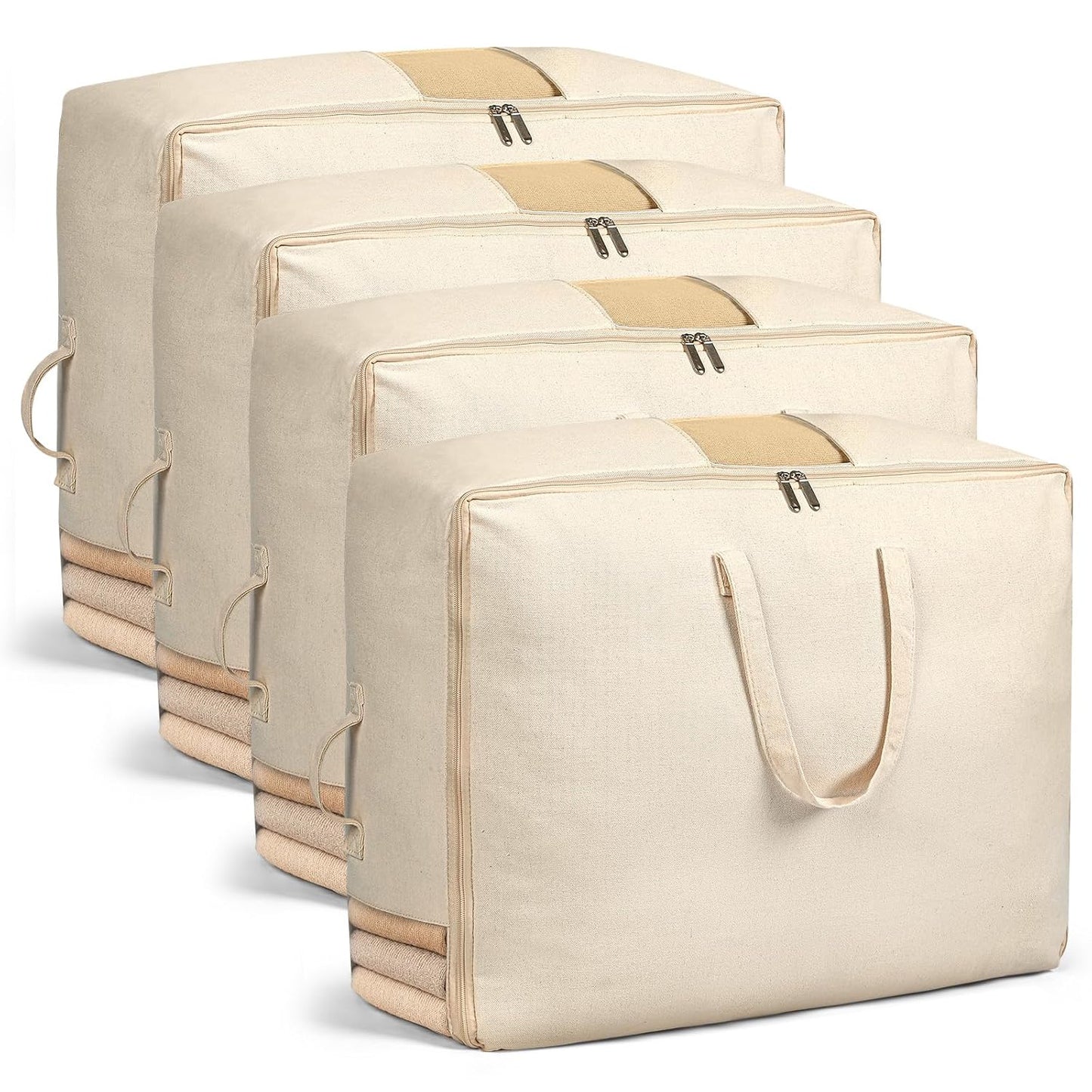 Soft Canvas Storage Bags for Comforters, Blankets, Beddings, Quilt, Clothes | King/Queen Comforter Organizer, Cotton Canvas, 4 Pack, 4 Handles & 2 Clear Windows, Reinforced Zippers, 25x19x9in