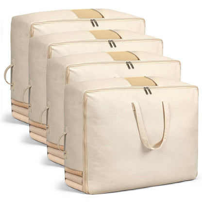 Soft Canvas Storage Bags for Comforters, Blankets, Beddings, Quilt, Clothes | King/Queen Comforter Organizer, Cotton Canvas, 4 Pack, 4 Handles & 2 Clear Windows, Reinforced Zippers, 25x19x9in