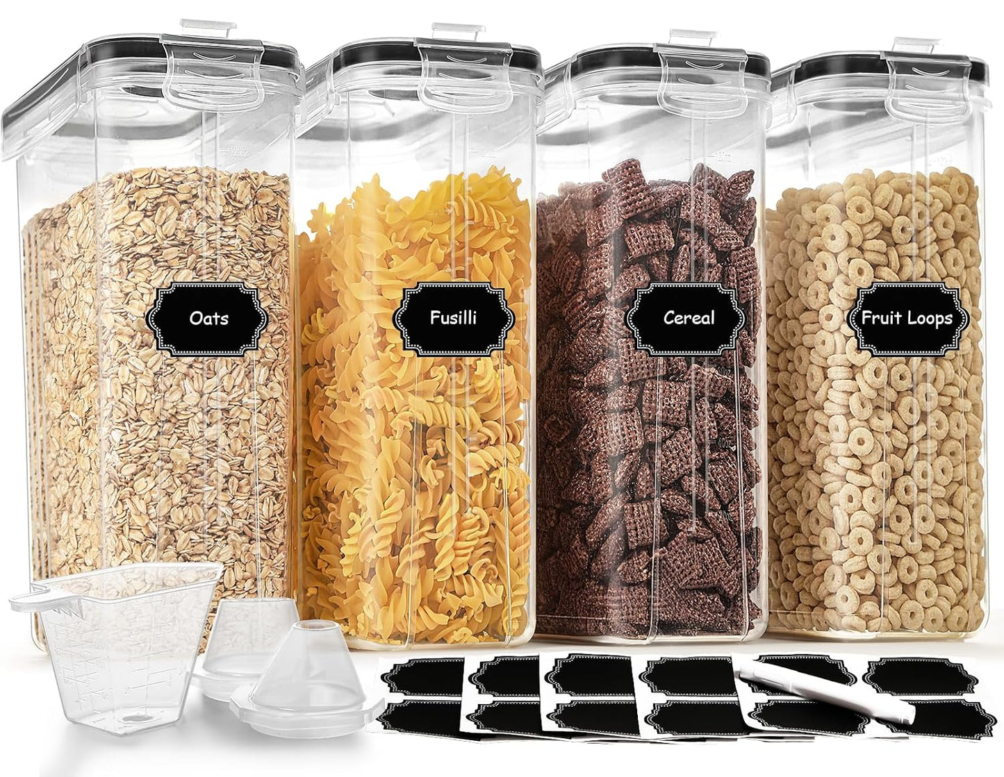 Cereal Containers Storage Set (4L / 135.2oz), 4PCS Airtight Food Storage Containers with Lids, Cereal Dispensers for Kitchen Pantry Organization and Storage with Pour Spout, 20 Labels, Marker