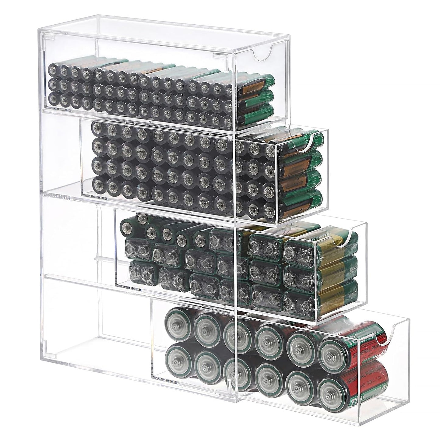 BTSKY Clear Acrylic Battery Storage Organizer for AA, AAA, 9V, C Batteries | 4-Drawer Storage Box Battery Holder Organizer for Common Types Batteries, Household Container, 1 Pack(Batteries Not Included)