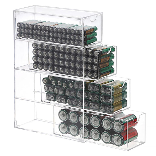 BTSKY Clear Acrylic Battery Storage Organizer for AA, AAA, 9V, C Batteries | 4-Drawer Storage Box Battery Holder Organizer for Common Types Batteries, Household Container, 1 Pack(Batteries Not Included)