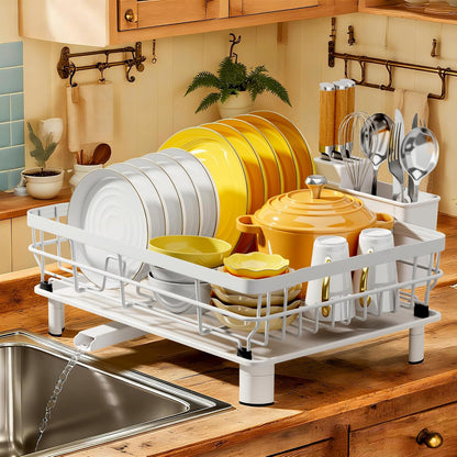 MOUKABAL Dish Drying Rack with Drainboard for Kitchen Counter, White | 13×17 Large Capacity/Rustproof Stainless Steel/Fast Drainage Dish Drainer/Removable Utensil Holder/Kitchen Counter Organizer