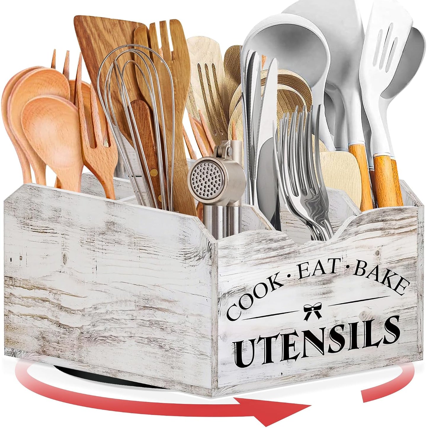 Extra-Large Kitchen Utensil Holder for Countertop-360° Rotating Base | 6-Compartments Cooking Utensil Organizer, Removable Divider, Wooden Utensil Organizer for Countertop, Farmhouse Kitchen Decor