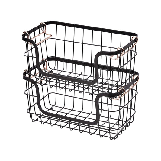 Amazon Basics Stackable Metal Wire Rectangular Storage Baskets for Kitchen, Bathroom or Pantry Organizing, 2 Count, Black