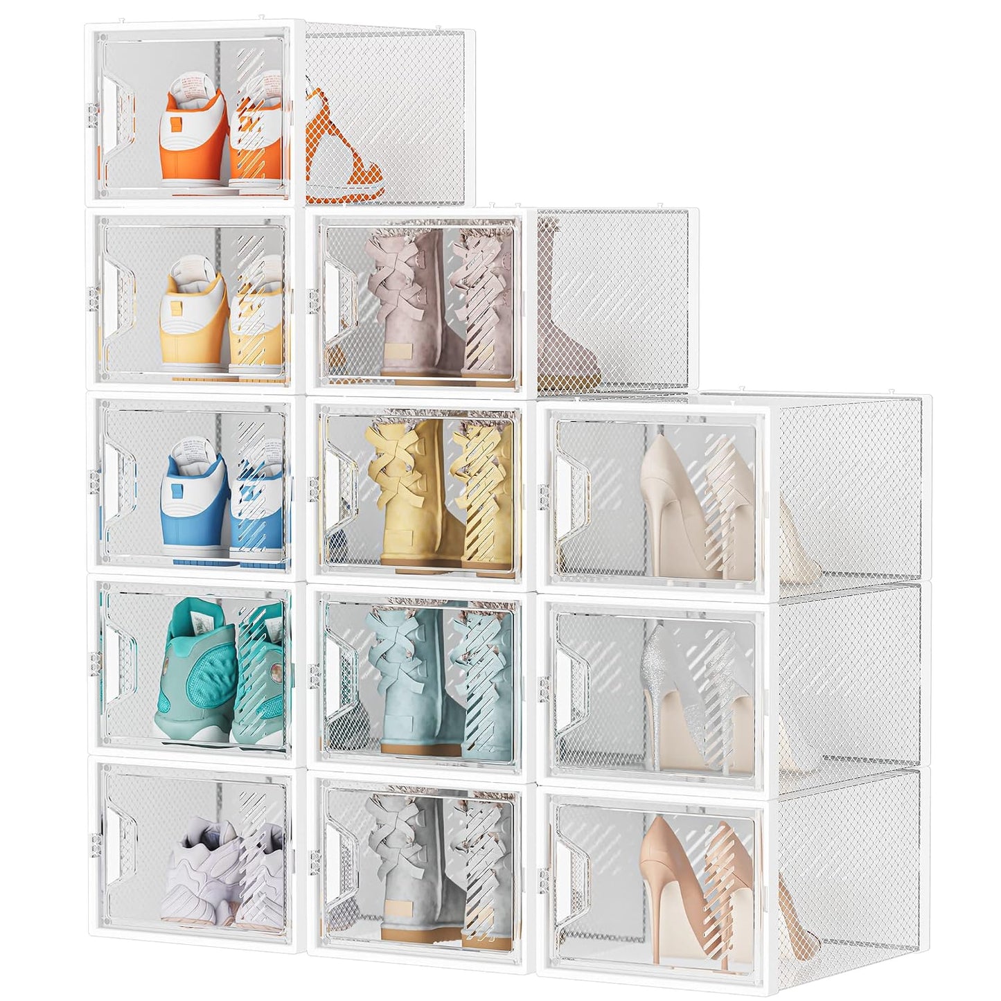 SIMPDIY XL Clear Shoe Storage Boxes, Stackable Shoe Organizer for Closet | 12 Pack, for Size 13, Magnetic Door, Aromatherapy Stick, Plastic, Shoe Rack for Closet, Entryways, Under-bed Storage