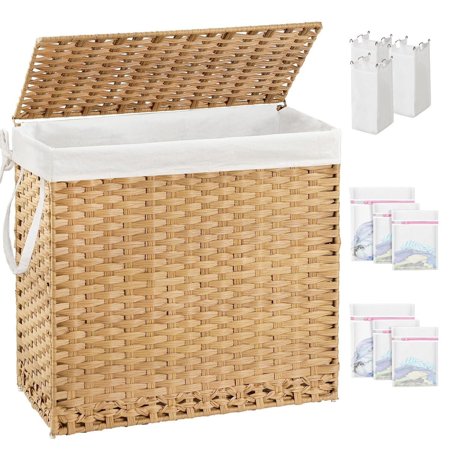 SETVSON Laundry Hamper with Lid Laundry Basket 132 L PE Rattan Natural | Decorative PE Rattan Furniture Look for Bedroom, Large Sorting Hamper with Lid, 4 Liners, 6 Mesh Bags, Steel Frame