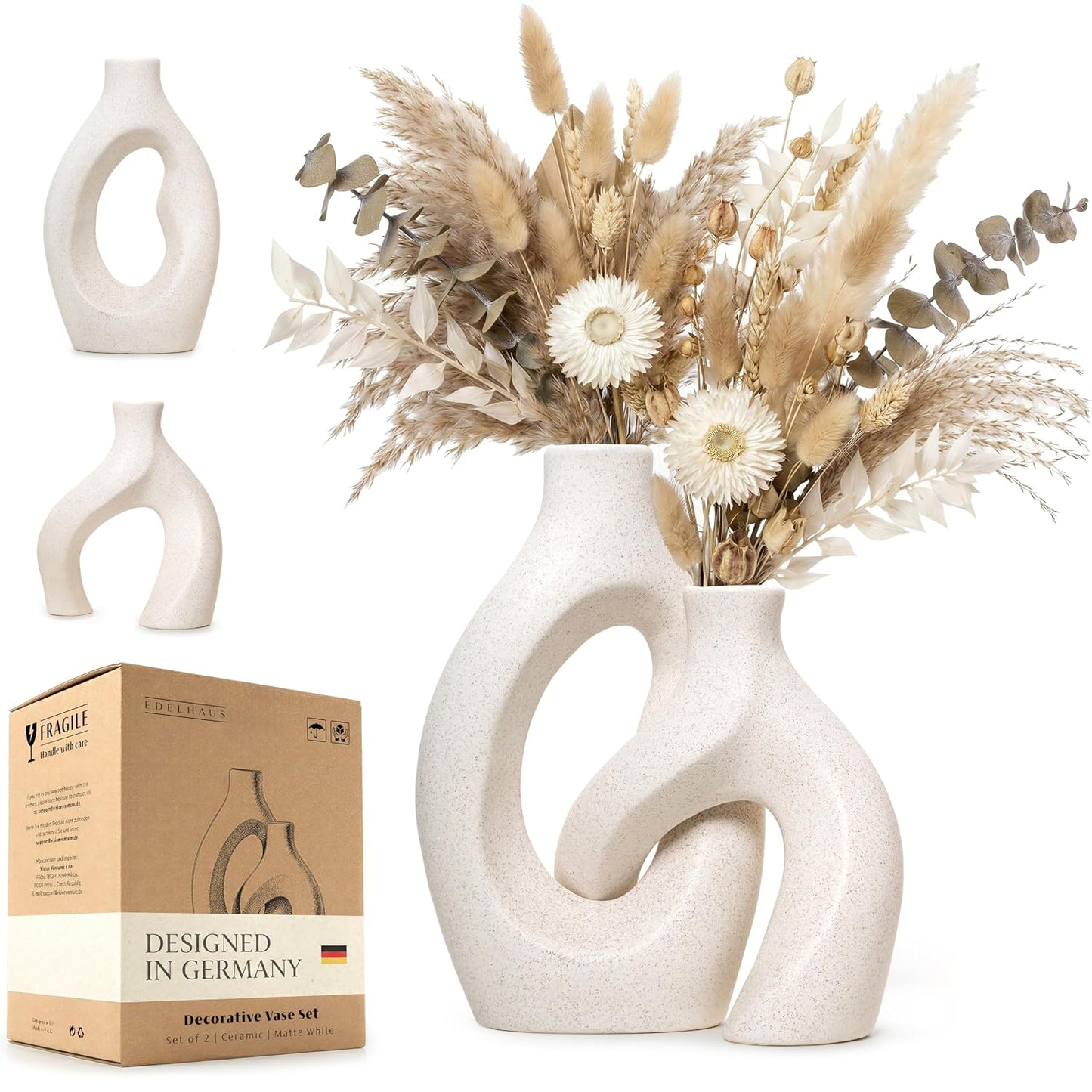 White Ceramic Vase Set of 2, Hollow Oval Flower Vases for Decor, Handmade Nordic Minimalist Ceramic Vase for Pampas Grass, Living Room, Farmhouse & Boho Home Decor, Housewarming Gifts
