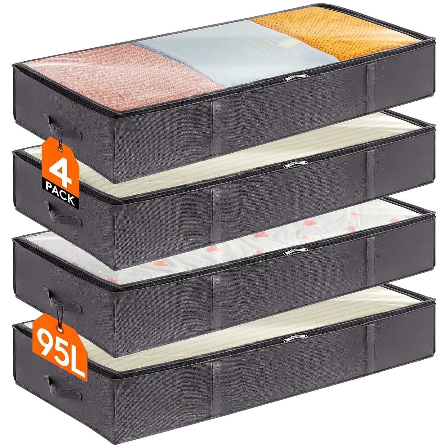 Lifewit 95L 4 Pack Under Bed Storage Containers, Large Capacity Blanket Storage Bags with Reinforced Handle, Organization and Storage for Comforters, Sheets, Clothes, Bedroom, College Dorm, Grey