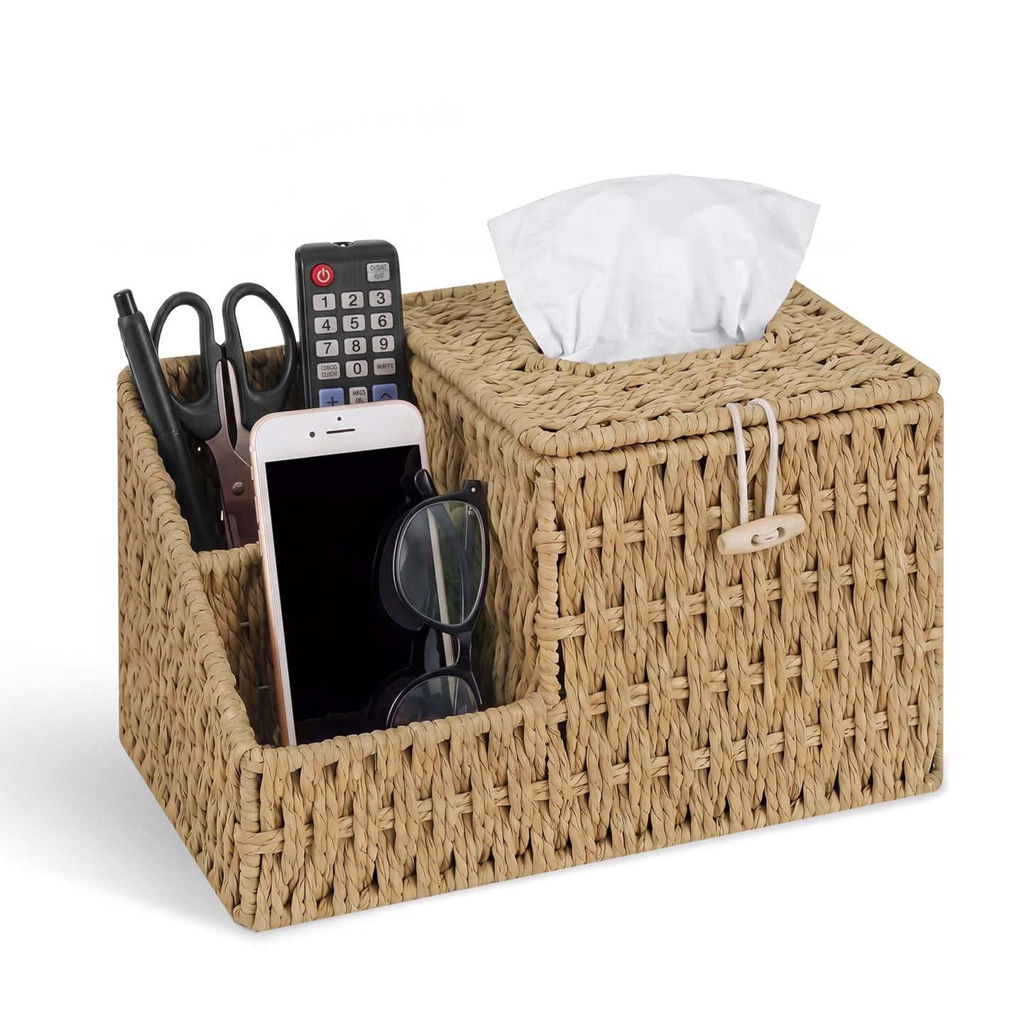 Tissue Box Cover with Storage, Wicker Paper Rope Square Tissue Box Holder | Tissue Remote Control Holder,Handwoven Decorative Cube Tissue Box Organizer for Bedroom Nightstand End Table,Natural