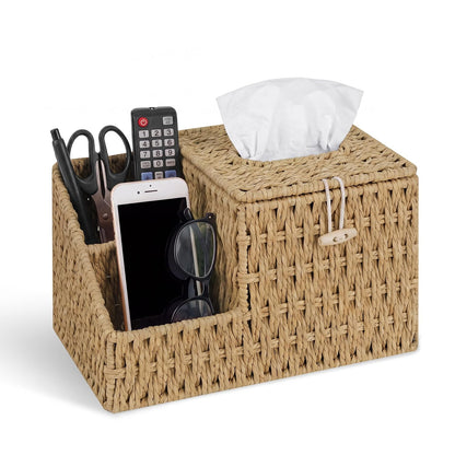 Tissue Box Cover with Storage, Wicker Paper Rope Square Tissue Box Holder | Tissue Remote Control Holder,Handwoven Decorative Cube Tissue Box Organizer for Bedroom Nightstand End Table,Natural