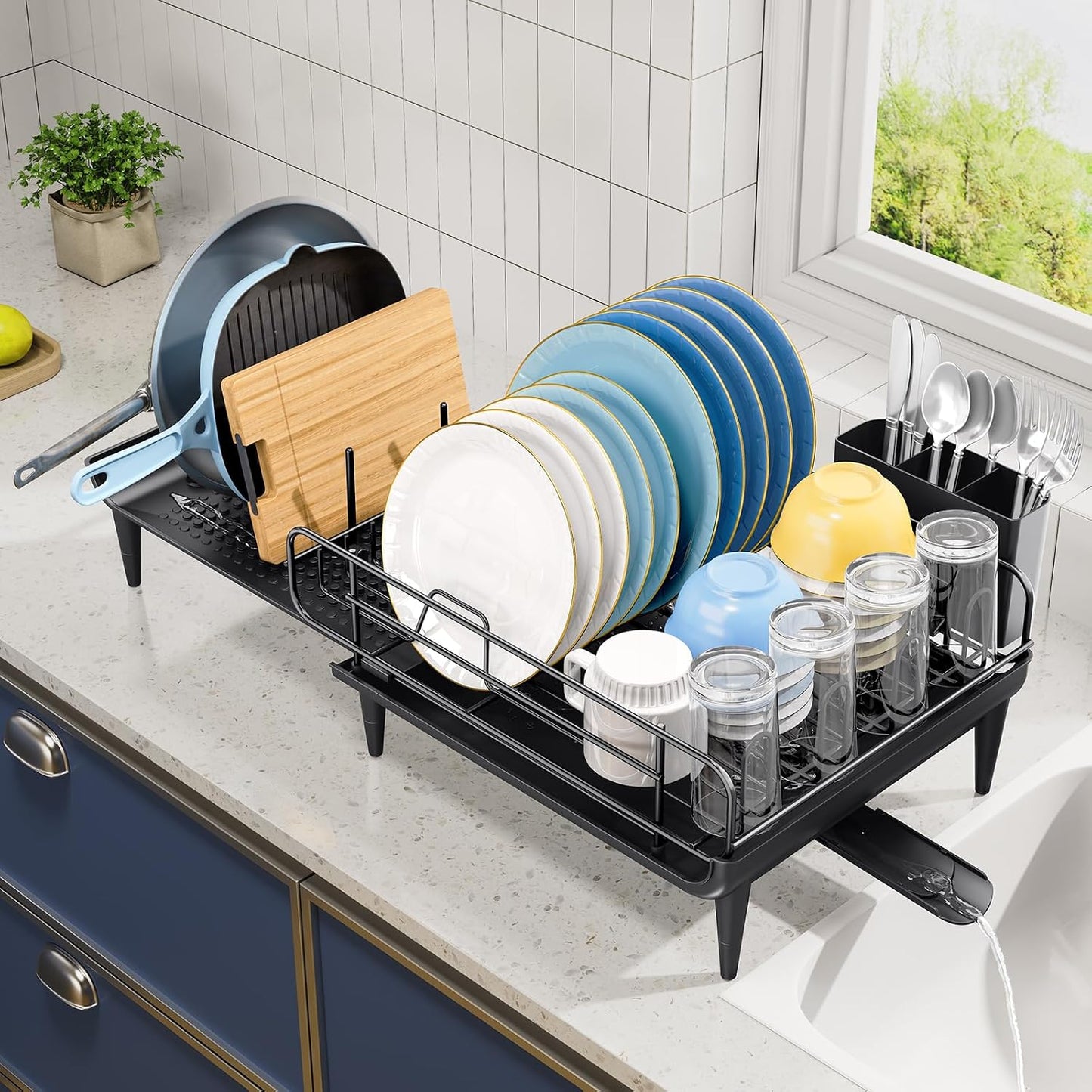 TOOLF Lagre Dish Drying Rack, Expandable Sink Dish Drainer, Black | Extendable 16.7" to 26.8", Stainless steel, Rust-proof, Fits Kitchen counter, Fast Drainage, Cutlery Holder, Space-Saving