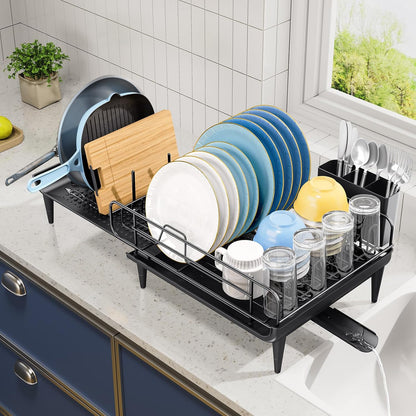 TOOLF Lagre Dish Drying Rack, Expandable Sink Dish Drainer, Black | Extendable 16.7" to 26.8", Stainless steel, Rust-proof, Fits Kitchen counter, Fast Drainage, Cutlery Holder, Space-Saving