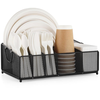 Large Paper Plate and Silverware Caddy for Countertop Party Picnic Camping, Plastic Cutlery Holder Organizer for Disposable Plate Cup Flatware Utensil Napkin, Black