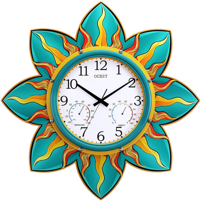 24-in Outdoor Clock Waterproof with Thermometer Hygrometer for Patio | Large Display, Silent, Metal Flame Petal, Weatheproof, Easy to Read, Battery Operated, Garden Pool Garage Porch Outside Decor