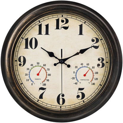 zyzamay 13 Inch Outdoor Clock with Thermometer and Hygrometer,BlackGold | Easy to Read,Non-Ticking Battery Operated Quality Quartz Waterproof Wall Clock, Decorative for Patio,Porch,Pool,Bathroom