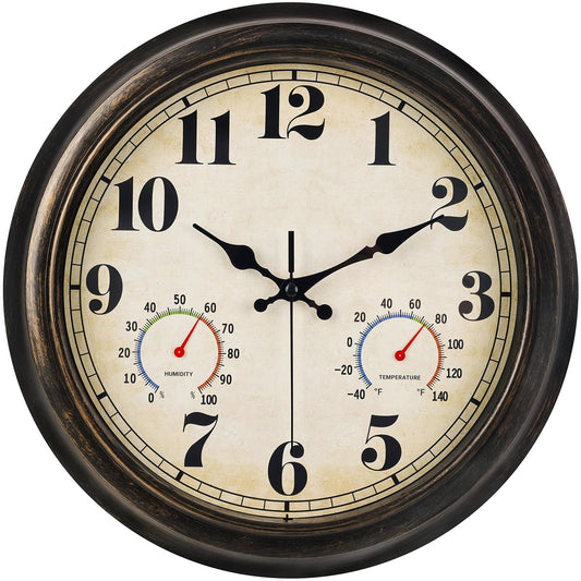 zyzamay 13 Inch Outdoor Clock with Thermometer and Hygrometer,BlackGold | Easy to Read,Non-Ticking Battery Operated Quality Quartz Waterproof Wall Clock, Decorative for Patio,Porch,Pool,Bathroom