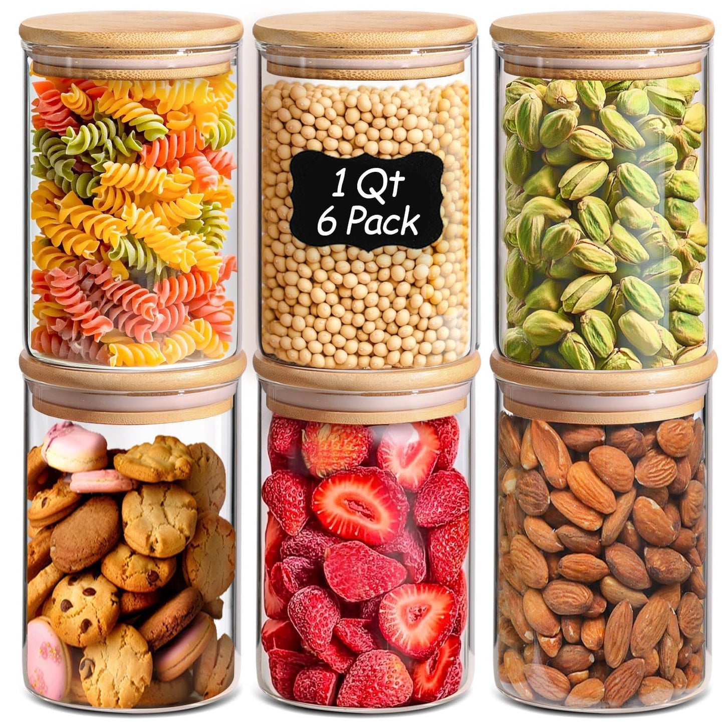 ComSaf Glass Storage Containers wtih Lids 1 Qt, Set of 6 Food Storage Jars
