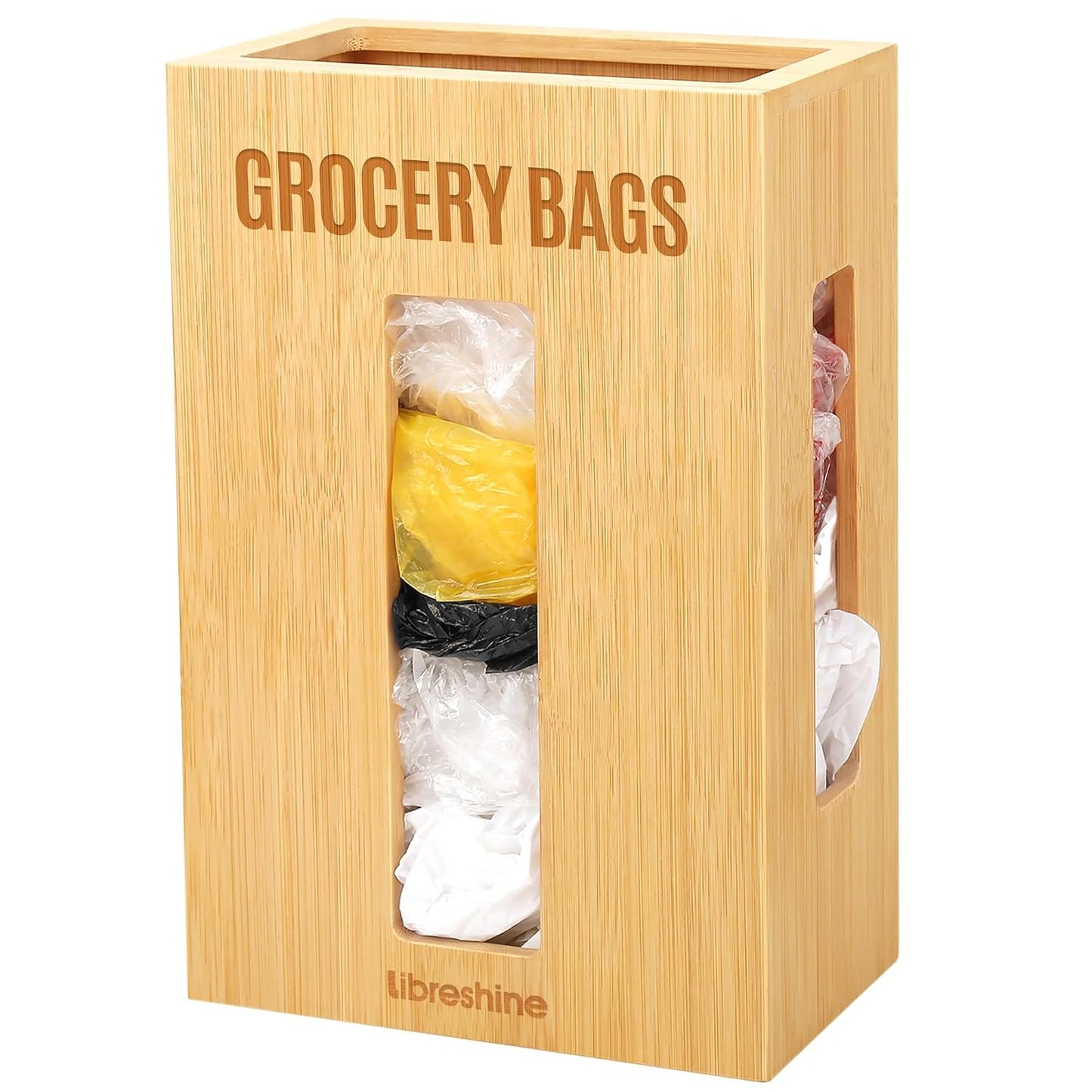 Extra Large Bamboo Grocery Bag Holder for Plastic Bags | Open-top plastic bag holder with front and side access for countertop, cabinet, or wall-mounted storage. 8 x 5 x 13 in.