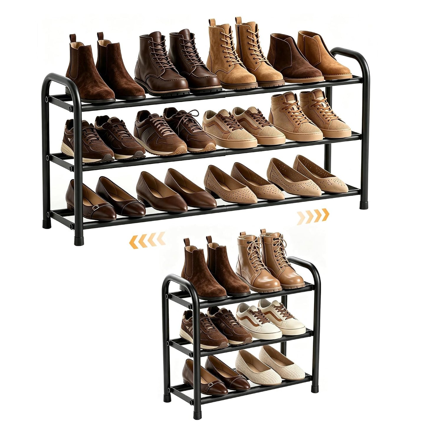 ENJOYBASICS 3 Tier Expandable Shoe Rack, Metal Small Shoes Shelf, Black | Free Standing Shoe Holder for 12 Pairs, Sturdy Shoe Organizer for Closet, Entryway, Under Bed ,Front Door, Bedroom