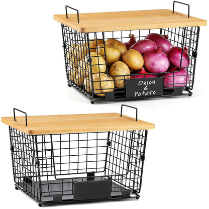 2 Set XXL Stackable Wire Basket with Bamboo Tops & Tag- Pantry Organizer and Storage Bins, Kitchen Counter Cabinet Shelf Countertop Under Sink Organizing, Food Snack Produce Onion Potato Bread Storage