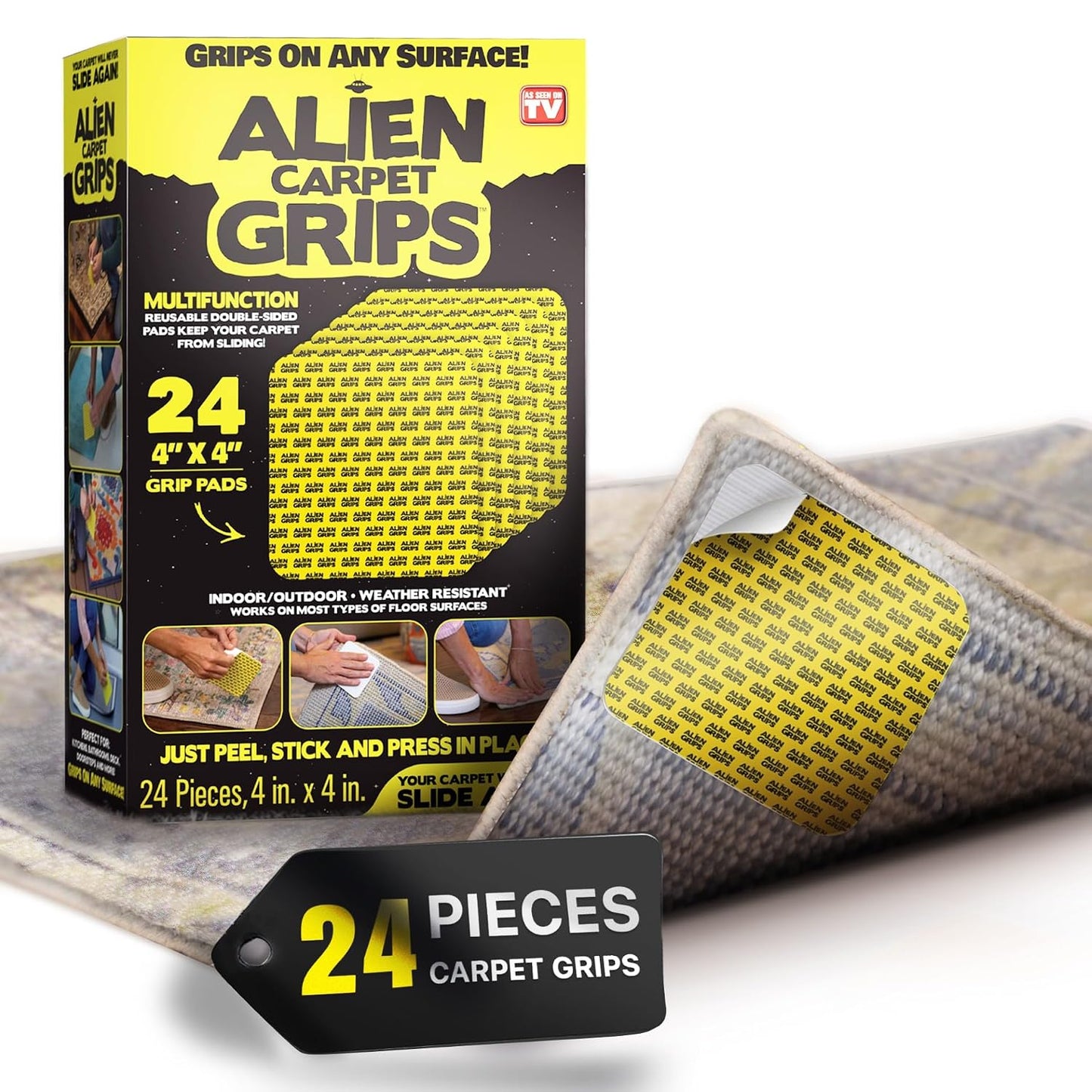 Grip Rug Gripper Carpet Tape - 24pcs, 4x4 in. Anti-Slip Hardwood, Tile Floor, No Damage - Double Sided Reusable, Non Slip Corner Rug Pads - As Seen on TV