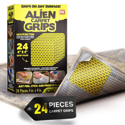 Grip Rug Gripper Carpet Tape - 24pcs, 4x4 in. Anti-Slip Hardwood, Tile Floor, No Damage - Double Sided Reusable, Non Slip Corner Rug Pads - As Seen on TV