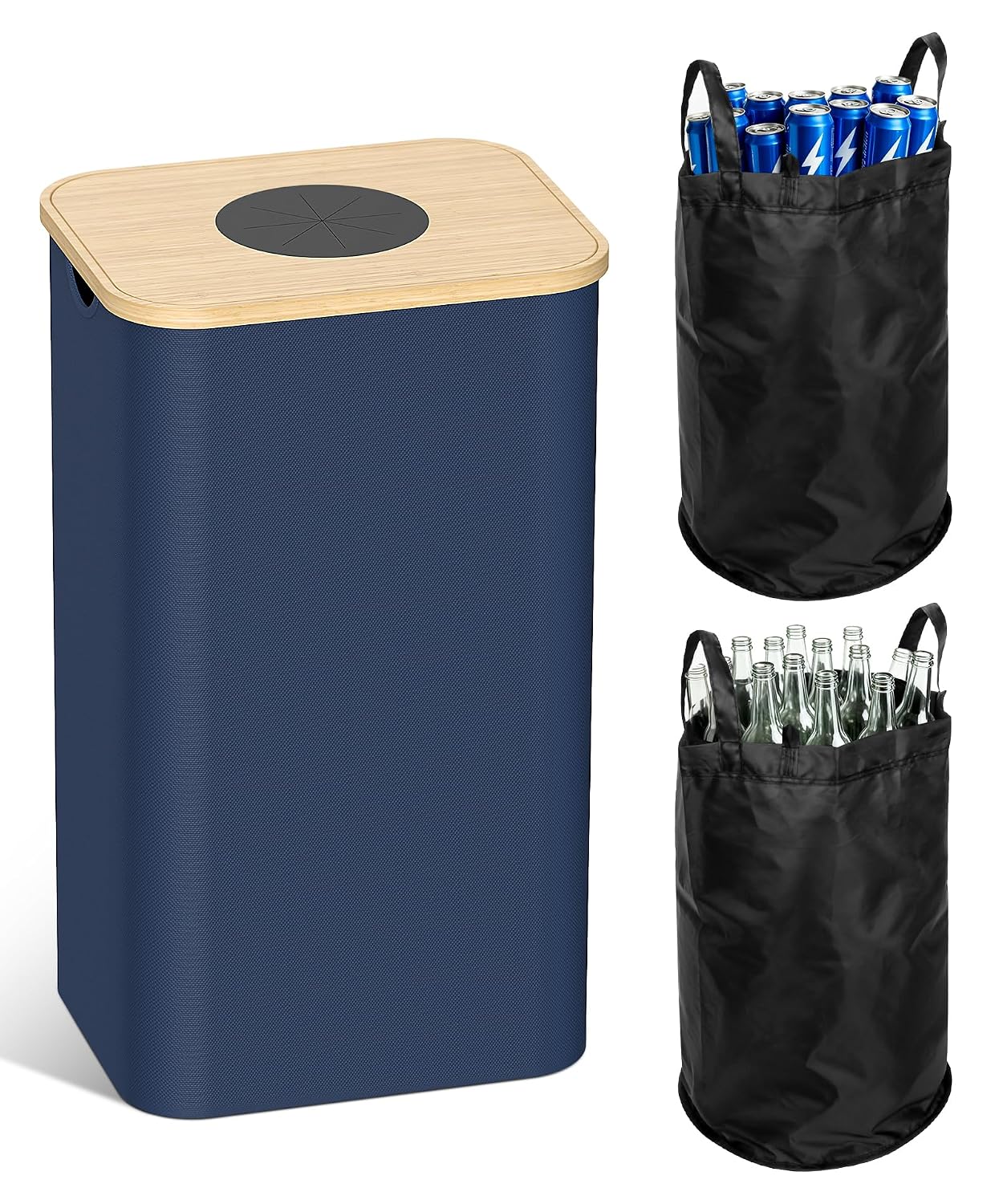 Magicheap 26 Gallon (100L) Recycling Bins for Kitchen with Bamboo lid, Blue | with 2pcs Removeable and Reusable Inner Bags, Oxford Fabric, Recycle Trash Bin for Indoor Bottle Can Glass Plastice