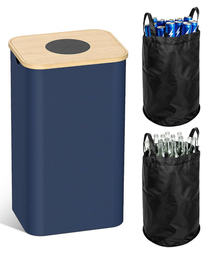 Magicheap 26 Gallon (100L) Recycling Bins for Kitchen with Bamboo lid, Blue | with 2pcs Removeable and Reusable Inner Bags, Oxford Fabric, Recycle Trash Bin for Indoor Bottle Can Glass Plastice