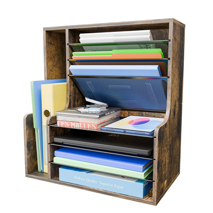 Simple Trending 7- Tier Desk File Organizer, Paper Organizer, Rustic Brown | Adjustable Letter Trays, Wooden Desk Accessories with Side File Holder, for Office Home Classroom, 16"L x 9"W x 17"H