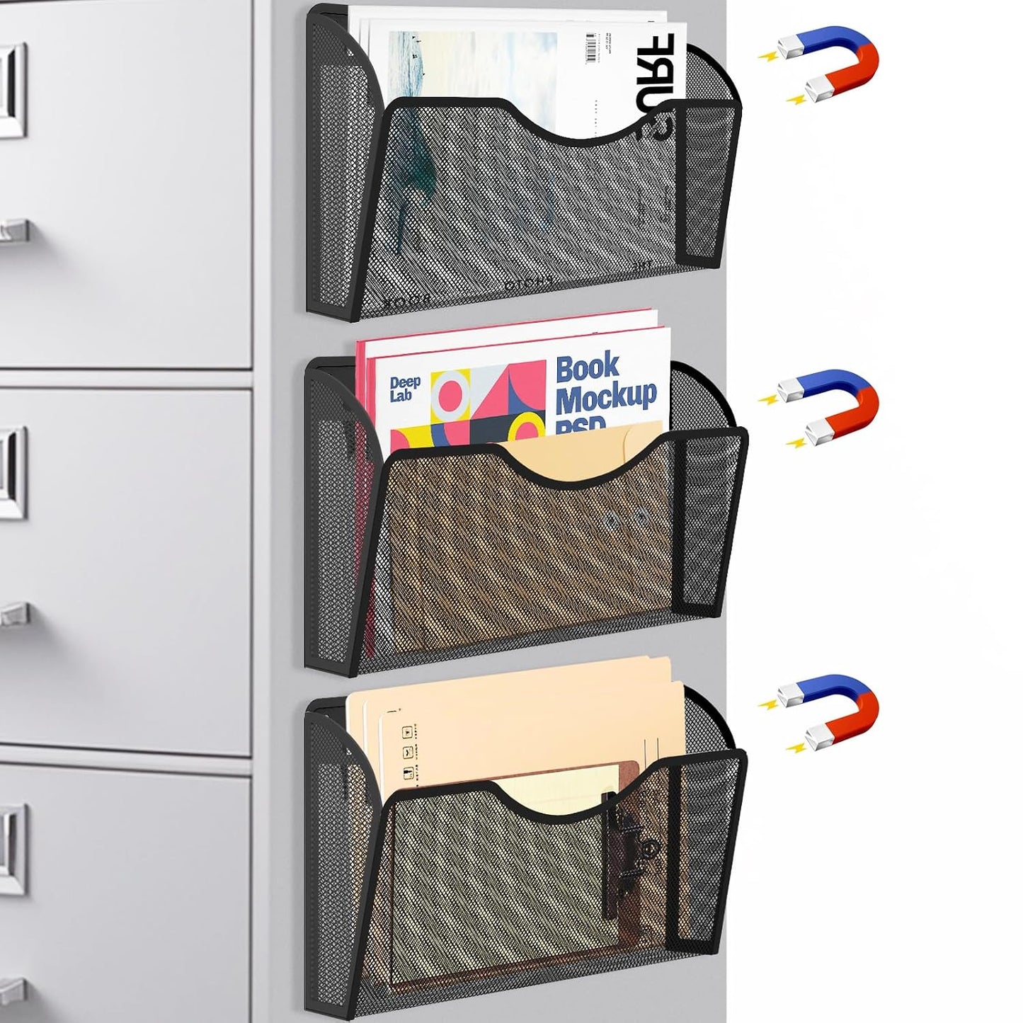 Magnetic File Holder 3 Pockets File Folder Organizer, Office Hanging Magazine Rack for File Cabinets, Magnetic Paper Holder, No Drilling Mail Organizer for Refrigerator, Whiteboard, Office, Kitchen