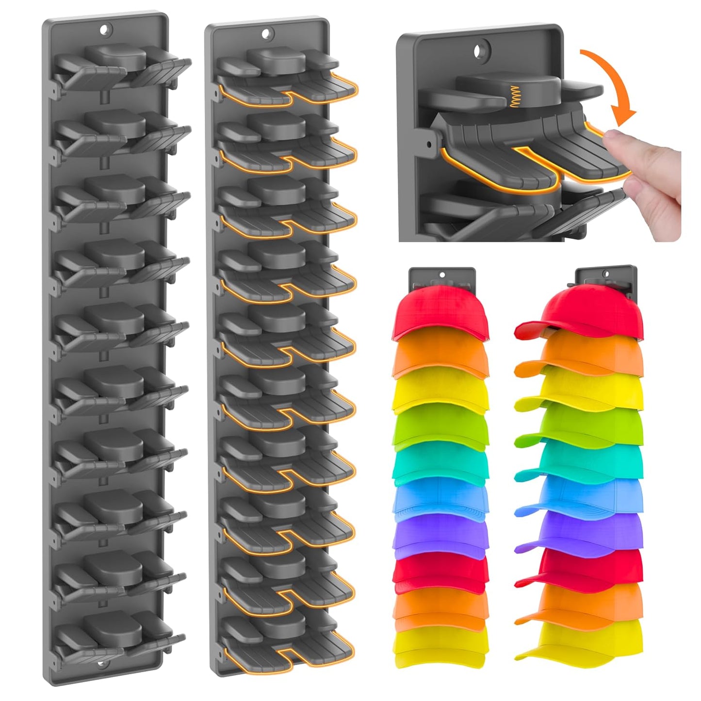 Hat Organizer for Baseball Caps 2 Packs with Built-in Spring Clips - Wall Mount Closet Hat Rack Holder,Storage for Door/Closet Display Hat Racks Hanger (Strong Adhesive & Screws) Matte Black.